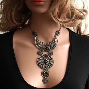 Vintage Silver‎ Tone Filigree Statement Necklace Bohemian Tiered Bib Mandala